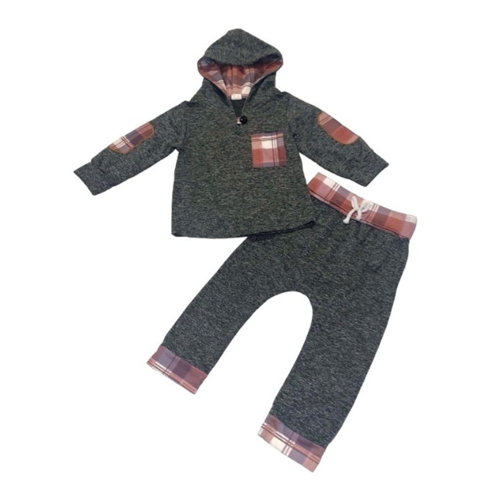 2/$15 2 Pc Baby Toddler Plaid Hoodie Sweatshirt Top + Pant Jogger Outfit Set